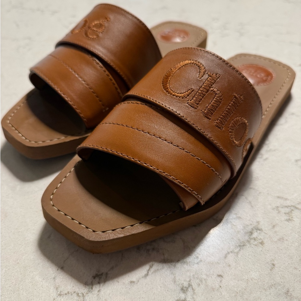 Chloe Woody Leather Slides, 41